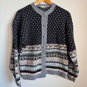 Women's Classic Nordic Button Cardigan Wool Sweater Fair Isle Size Large *flaw*